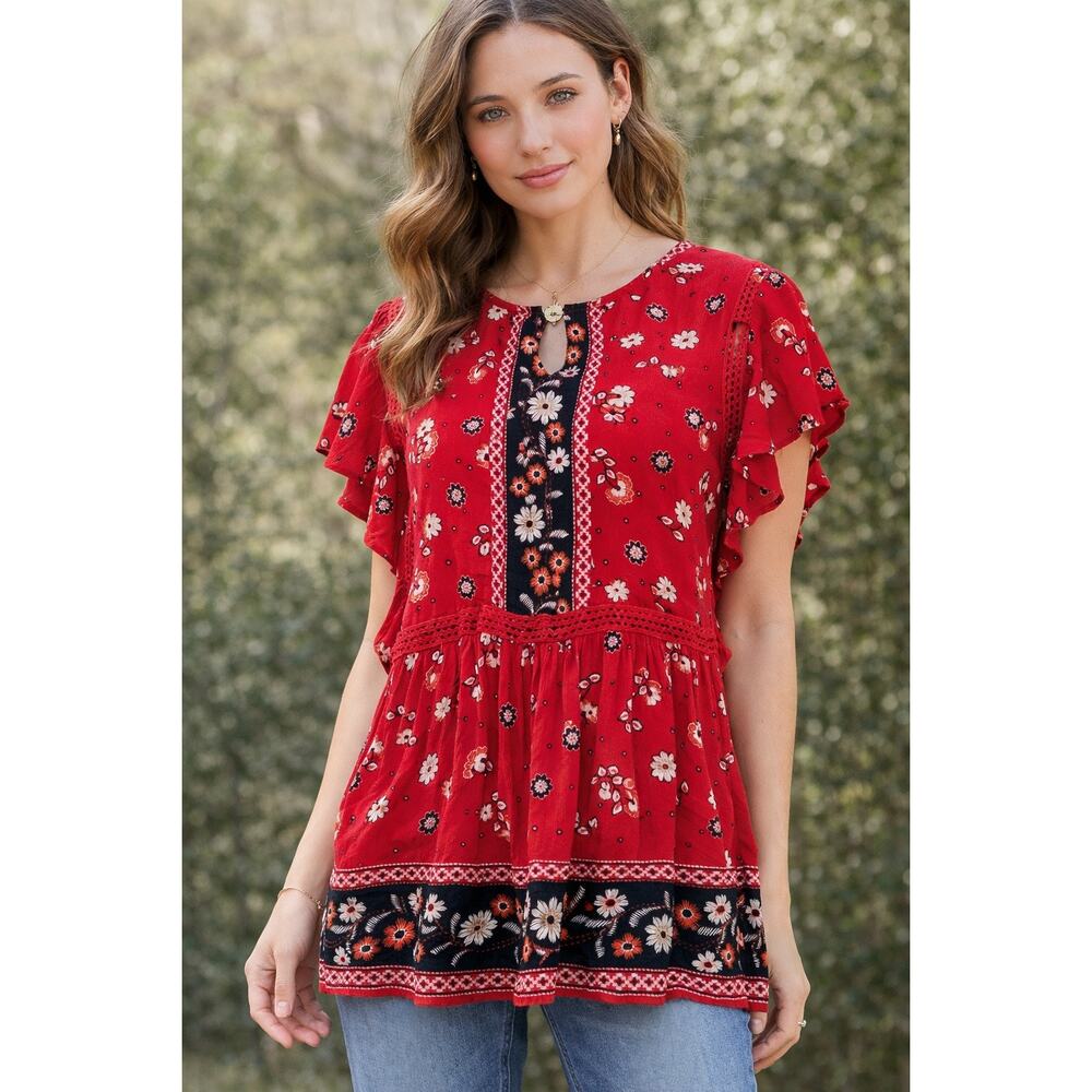 J Jill Womens Small Red Floral Boho Peplum Blouse Flutter Sleeve Rayon Lace